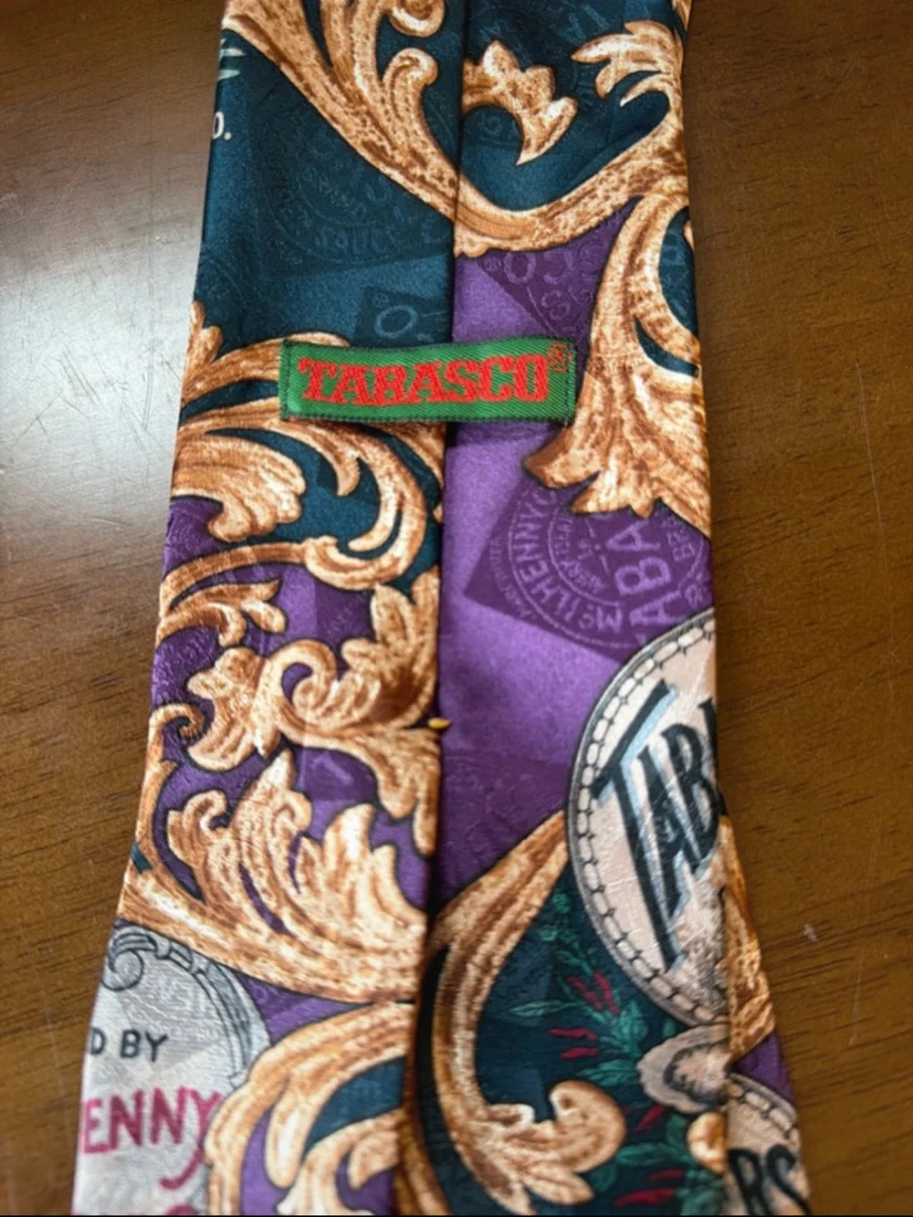Tabasco Decorative Scroll Pattern Tie in Teal, Purple and Tan
